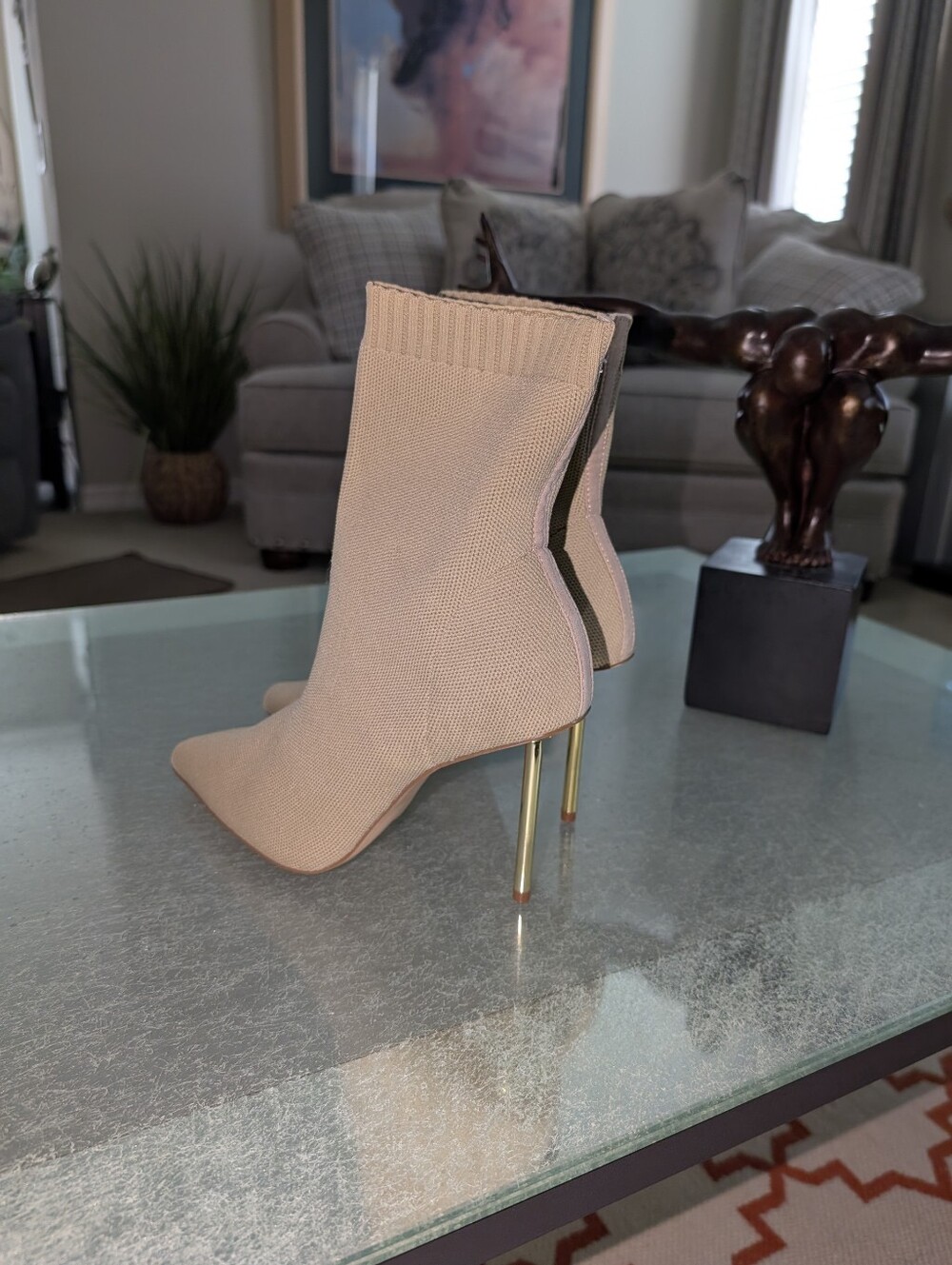 Women's Nude Sock Booties with Gold Stiletto Heel